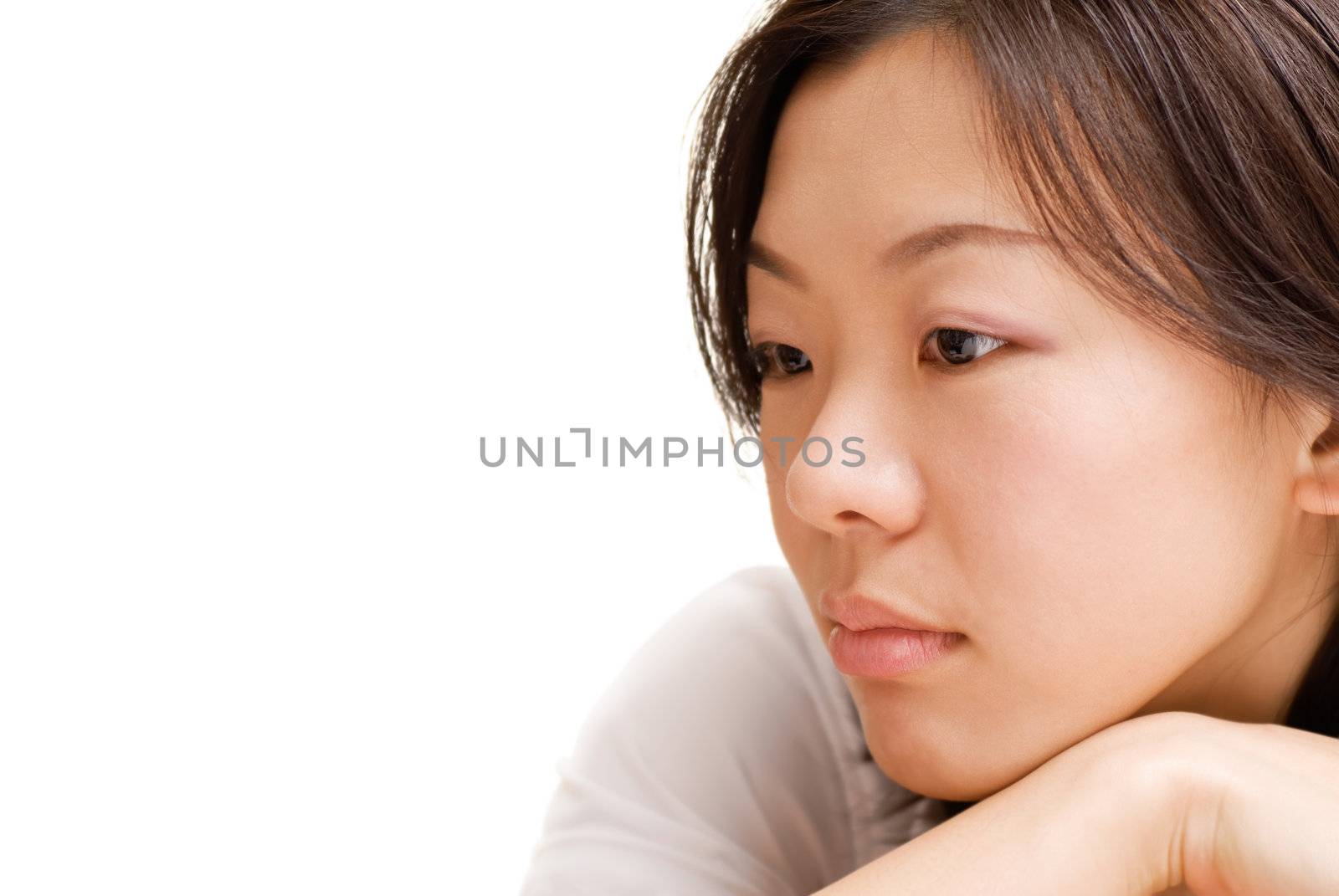 Alone woman of Asian with blue expression face in white background.