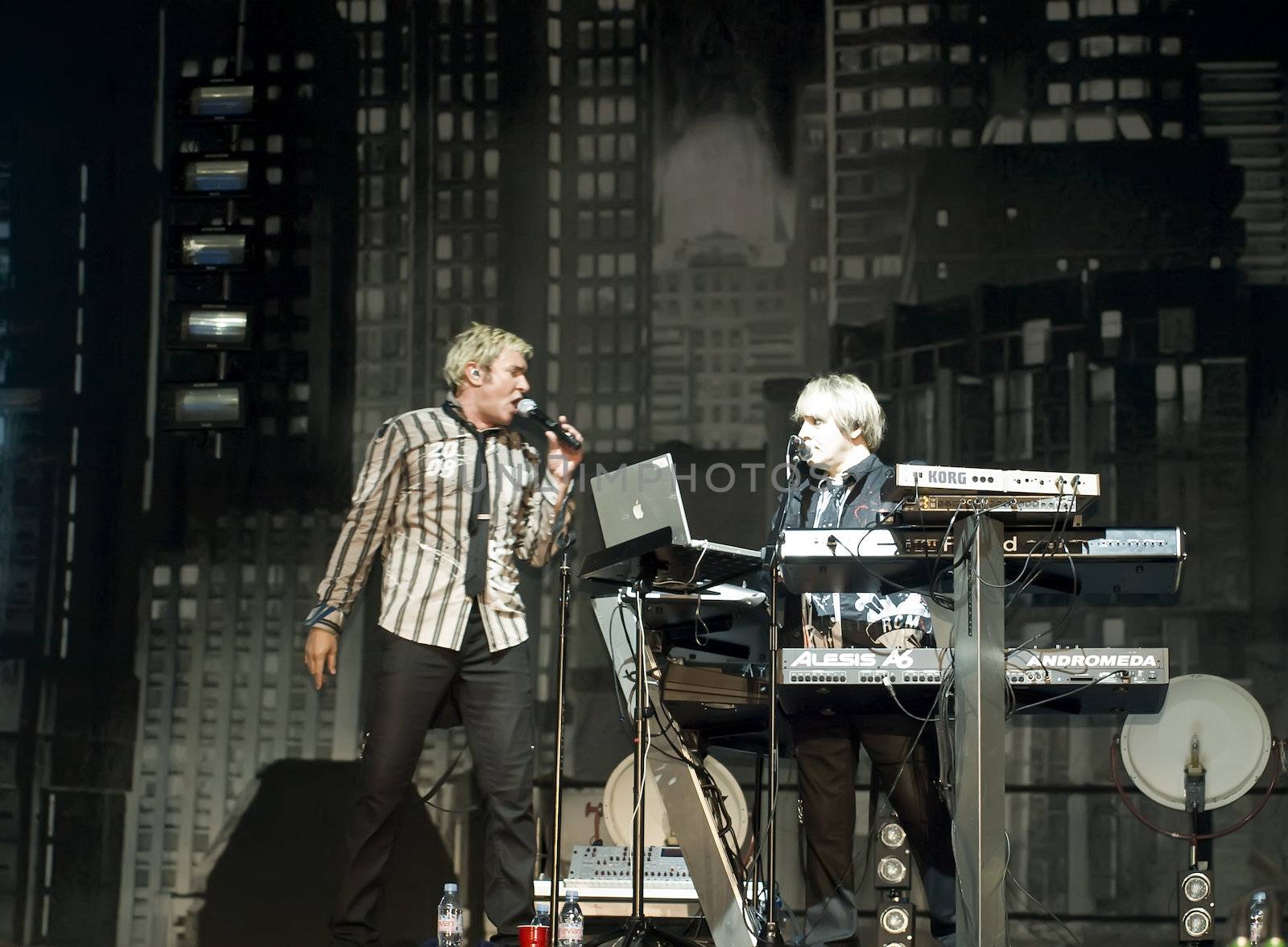 Duran Duran keyboardist Nick Rhodes performing the famous belch during the song The Reflex live on stage in Malta on 26th July 2008 during Red Carpet Massacre Tour