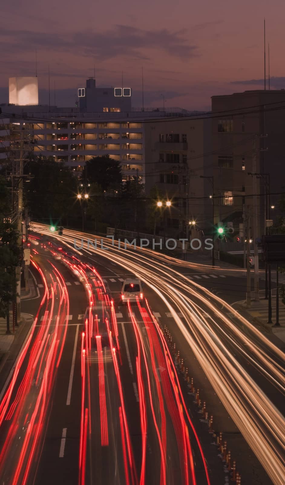 Long exposure image of a colorful late sunset in a big city.Location Sendai,Japan.Shot with Canon 70-200mm f/2.8L IS USM