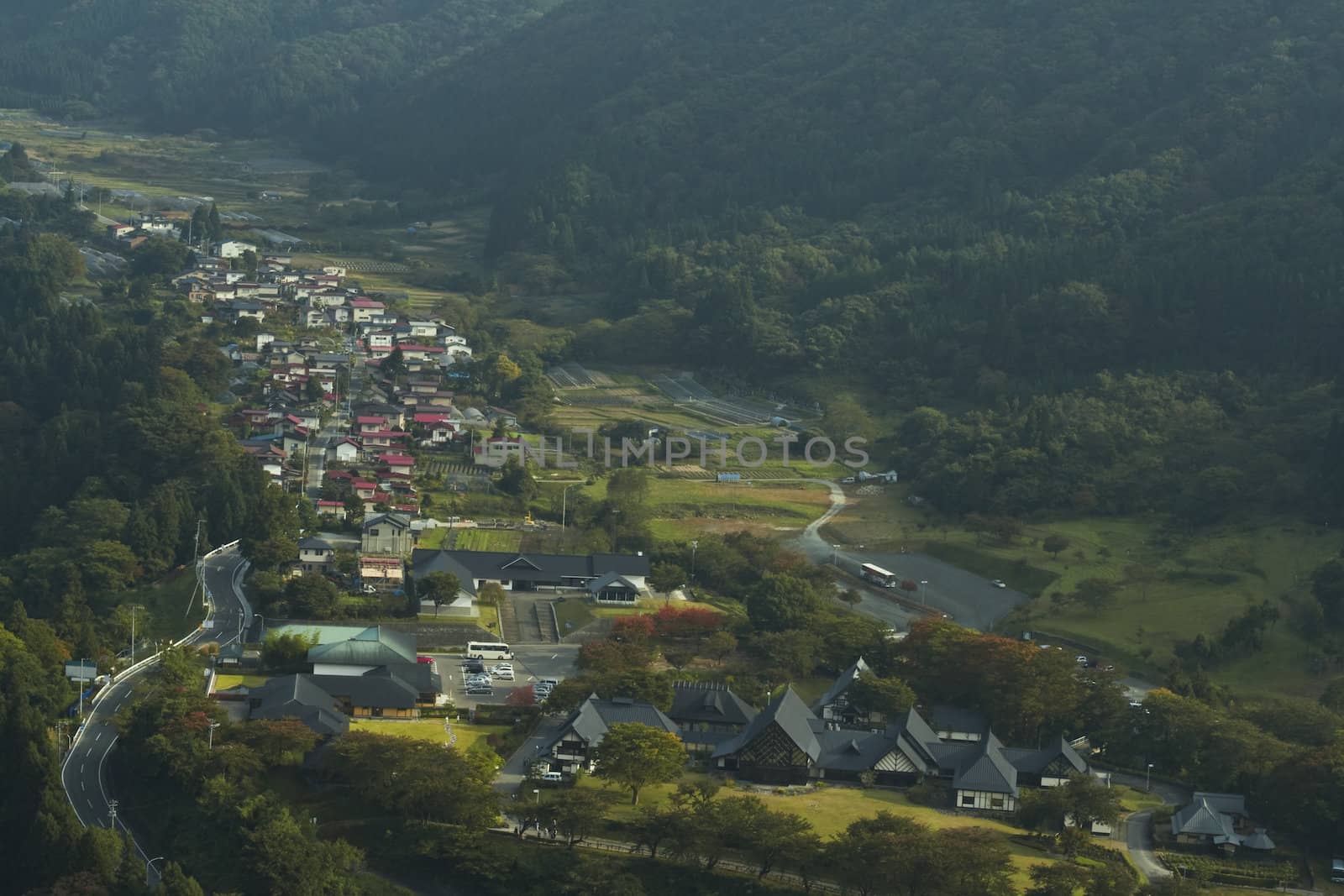 Image of Yamadera Valley, Miyagi, Japan. Good image to illustrate a generic Japanese mountain village. The place is famous for a specific temple(built in the rock of the mountain) where a strange Buddhist sect used to live.