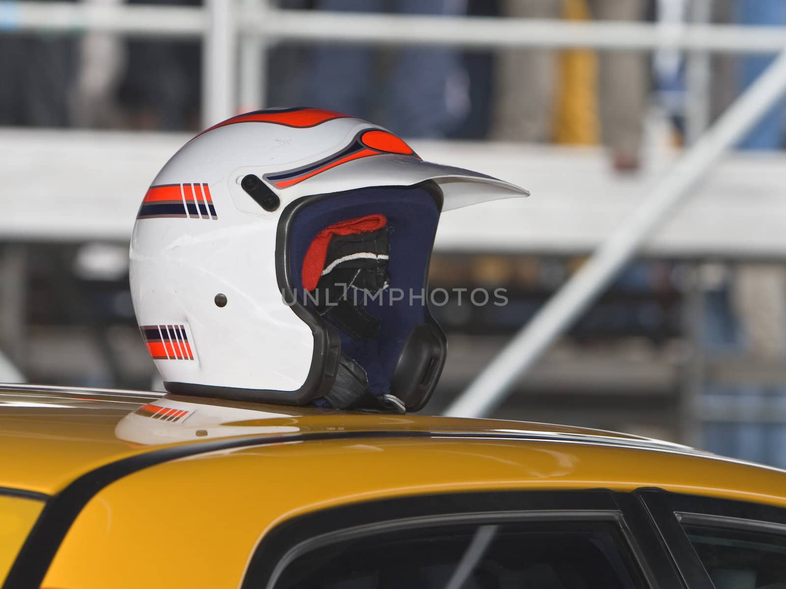 A helmet of a driver on a race car