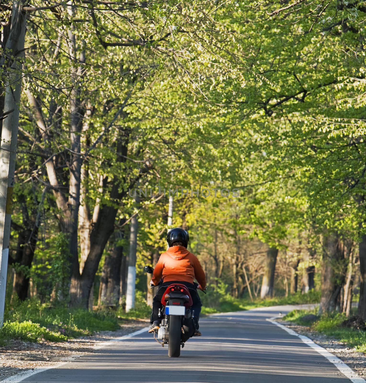 Image of a person riding a scooter in a summer park.Shot with Canon 70-200mm f/2.8L IS USM