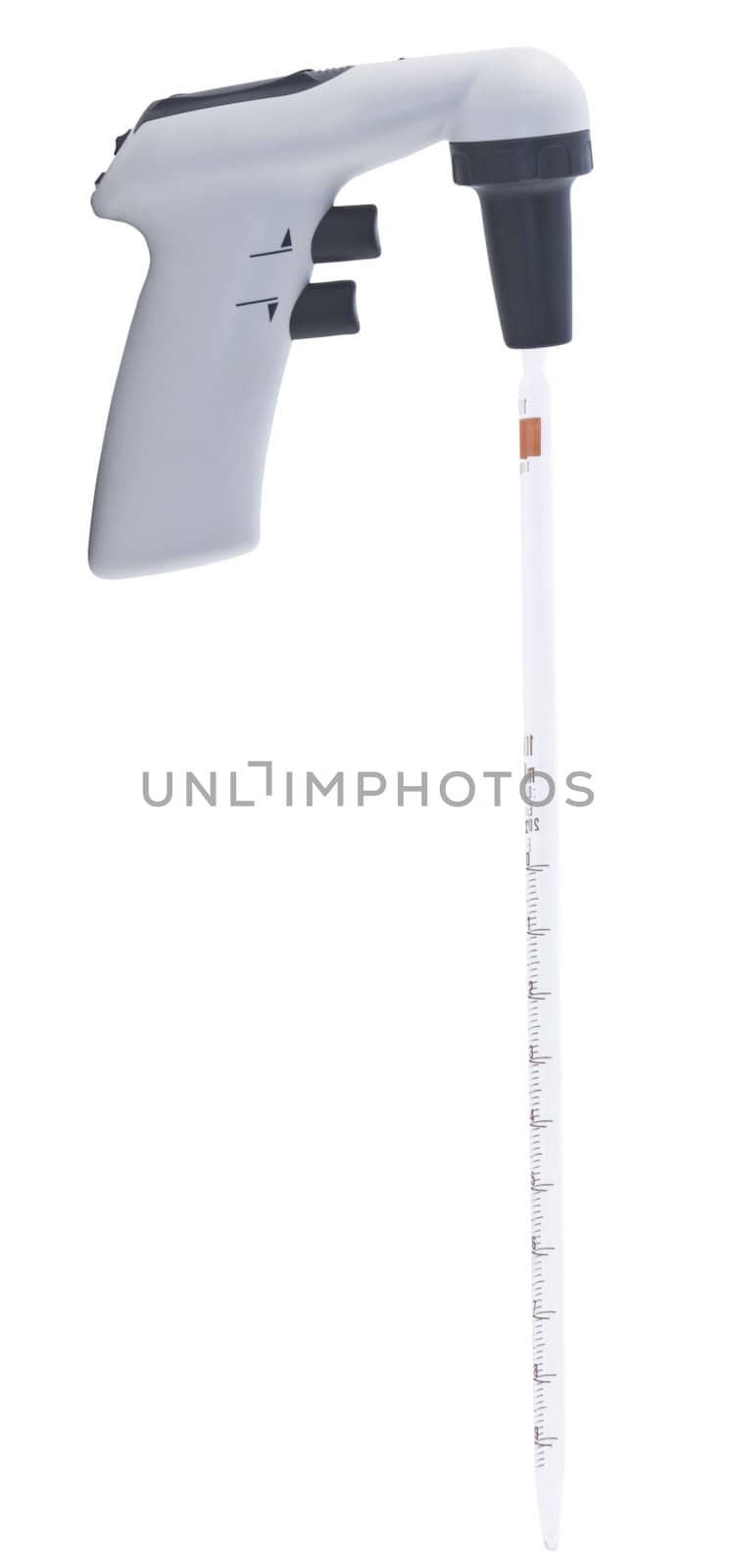 Pipette holder with a glass pipette isolated over a white background.