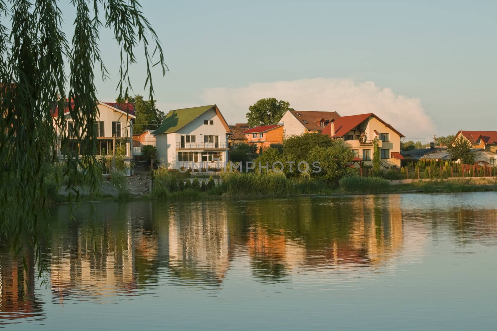 Dusk image in a holiday villas district at the lakeside.