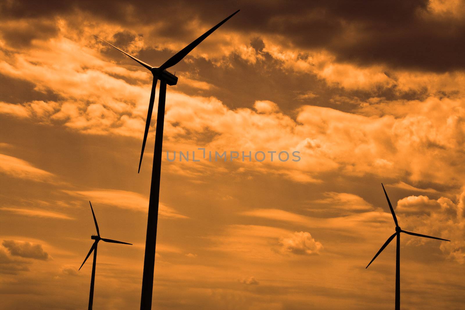 Silhouettes of eolian turbines against a cloudy sky.