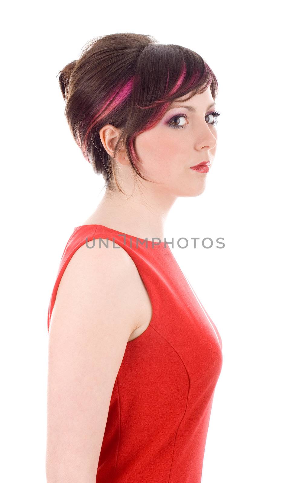 Serious woman in red dress with a clean skin