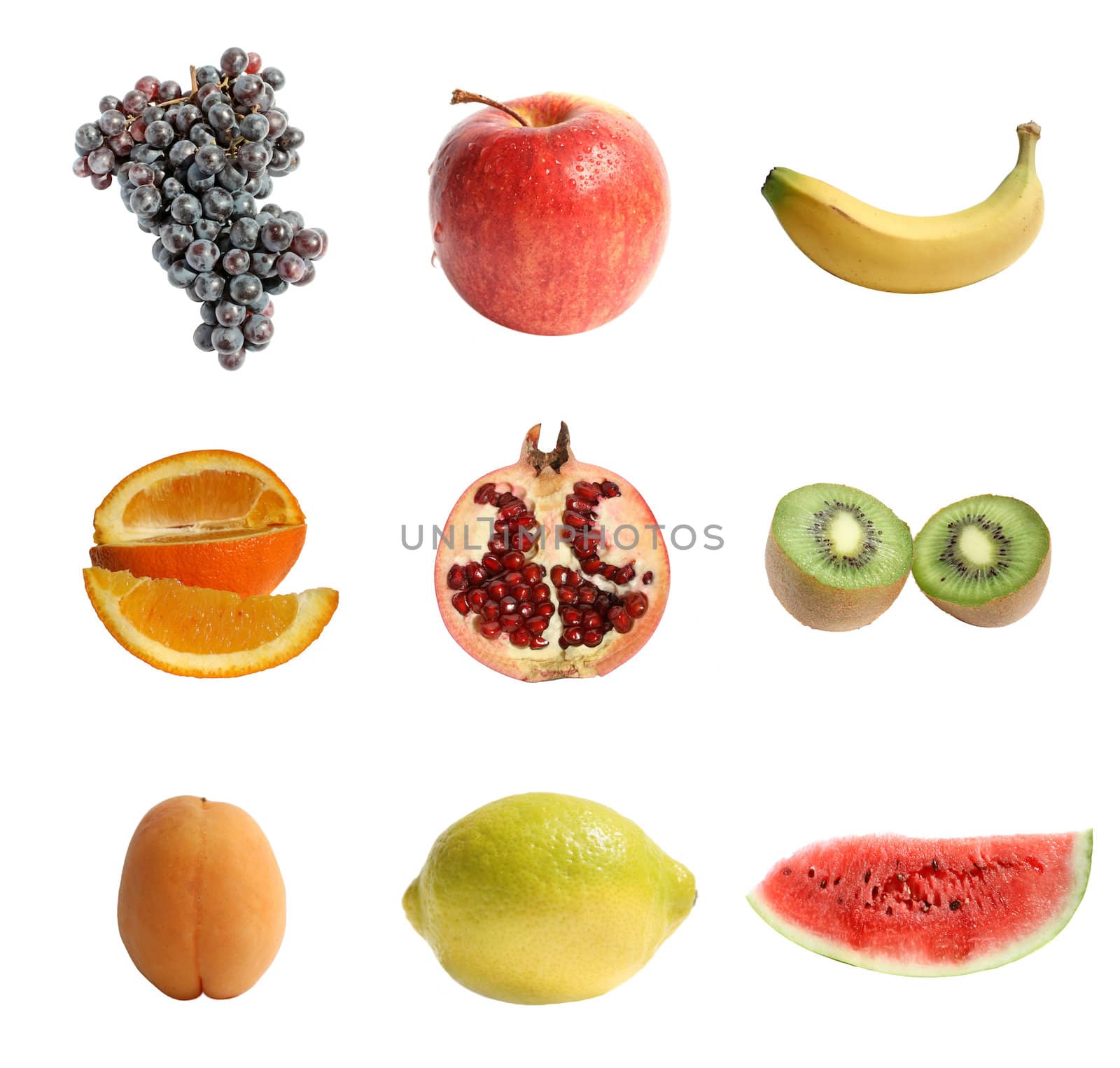 Nine different fruit on a white background.