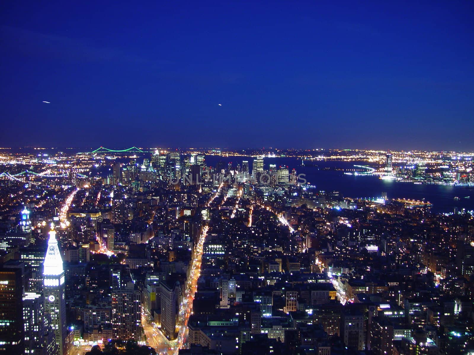 An aerial view of New York City at night.