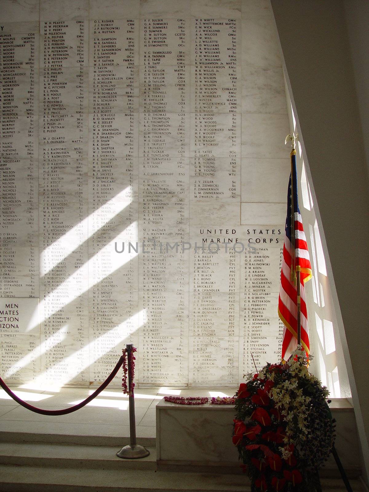 The sun shining into the USS Arizona Memorial.