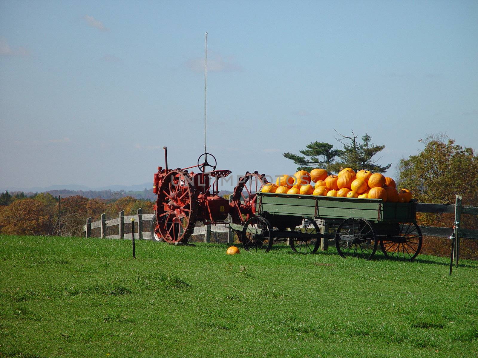 This old tractor sits along the Blue Ridge Parkway with a wagon full of pumpkins