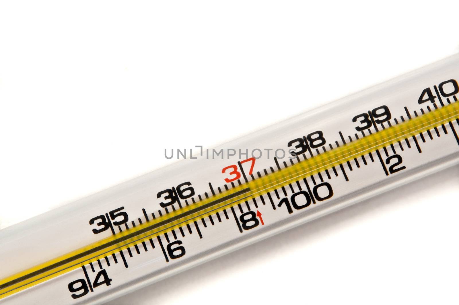 Close up of a mercury thermometer showing a normal human body temperature. Arranged diagonally over white.