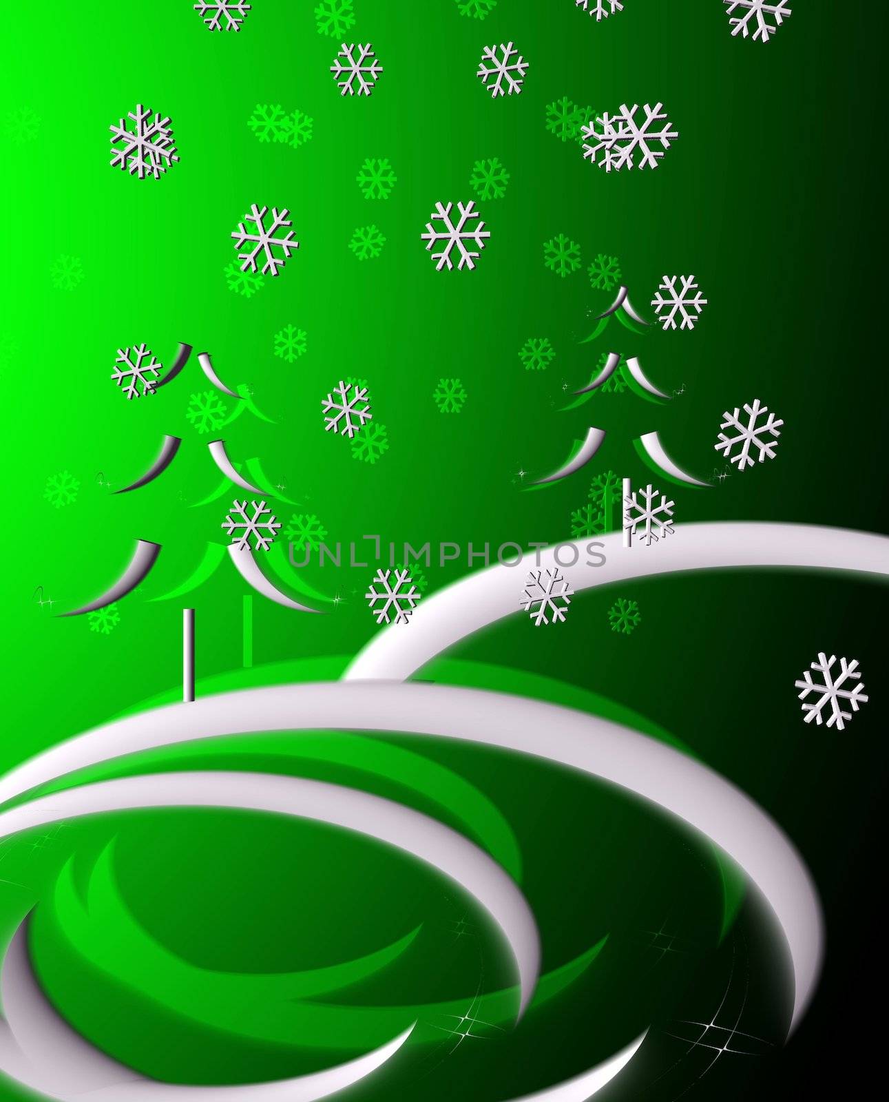 An abstract computer rendering of a winter snow fall in a forest on green.