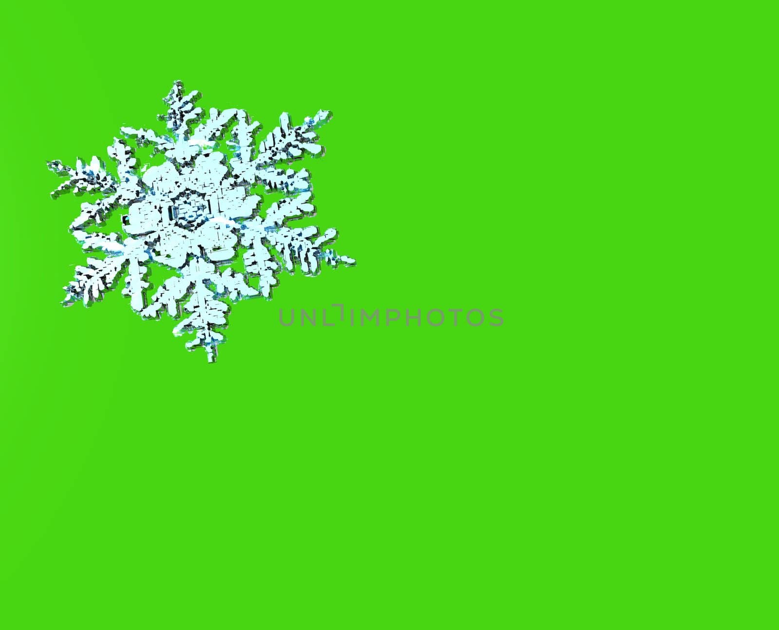 A three-dimensional snow flake on green.  Designed to be used as a card or poster.