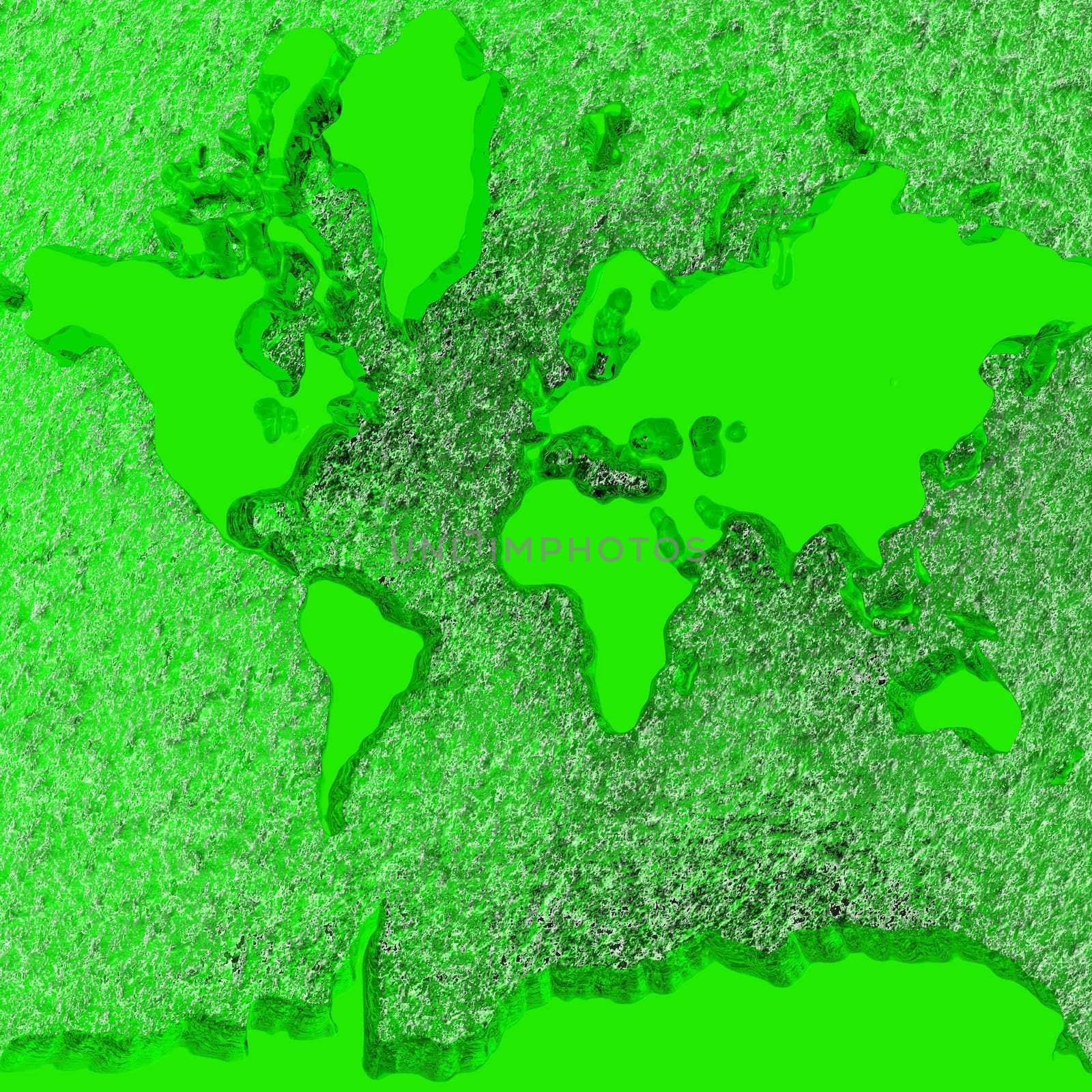 A Three-dimensional atlas of the earth with the land rising from a liquid background.