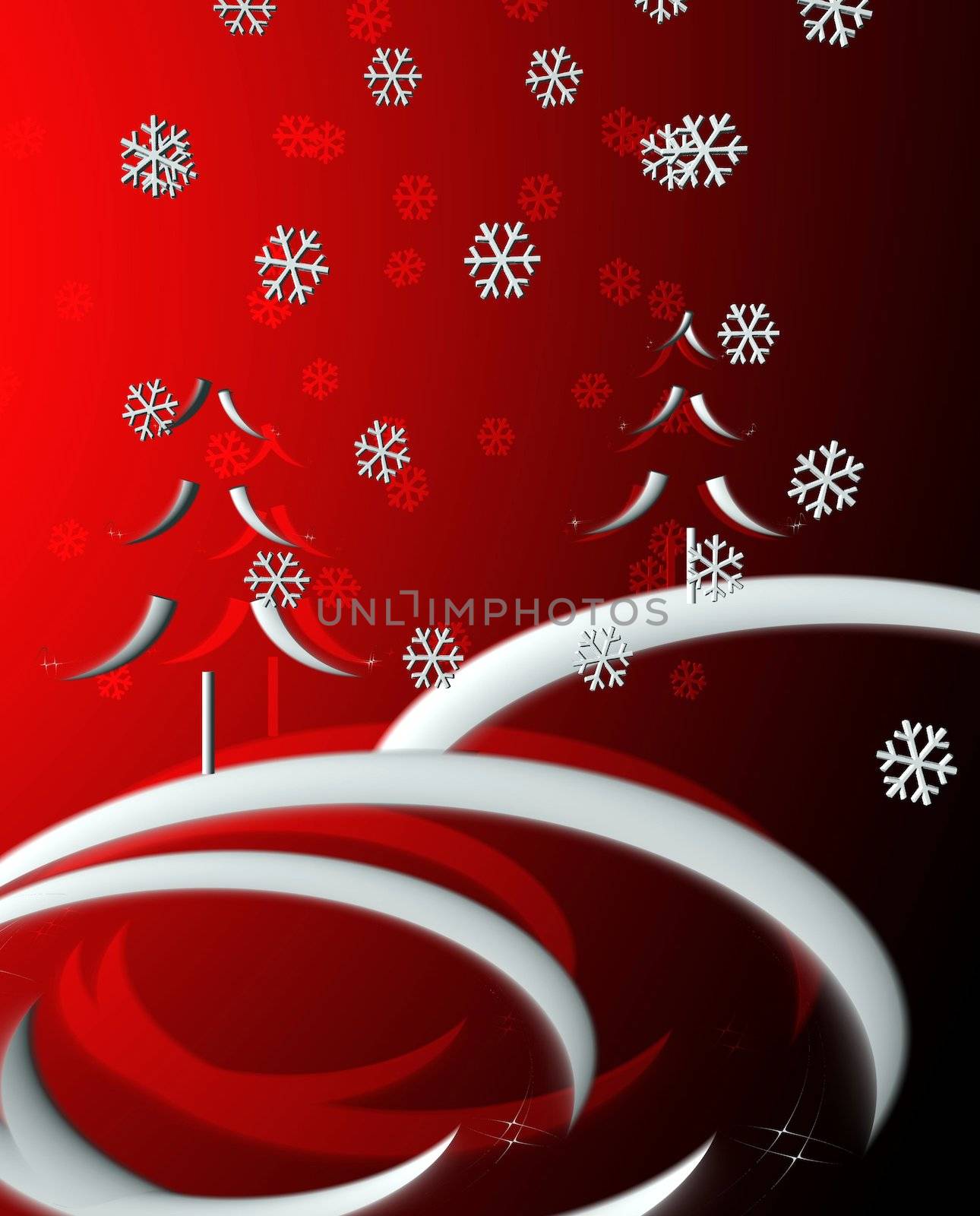 An abstract computer rendering of a winter snow fall in a forest on Red.