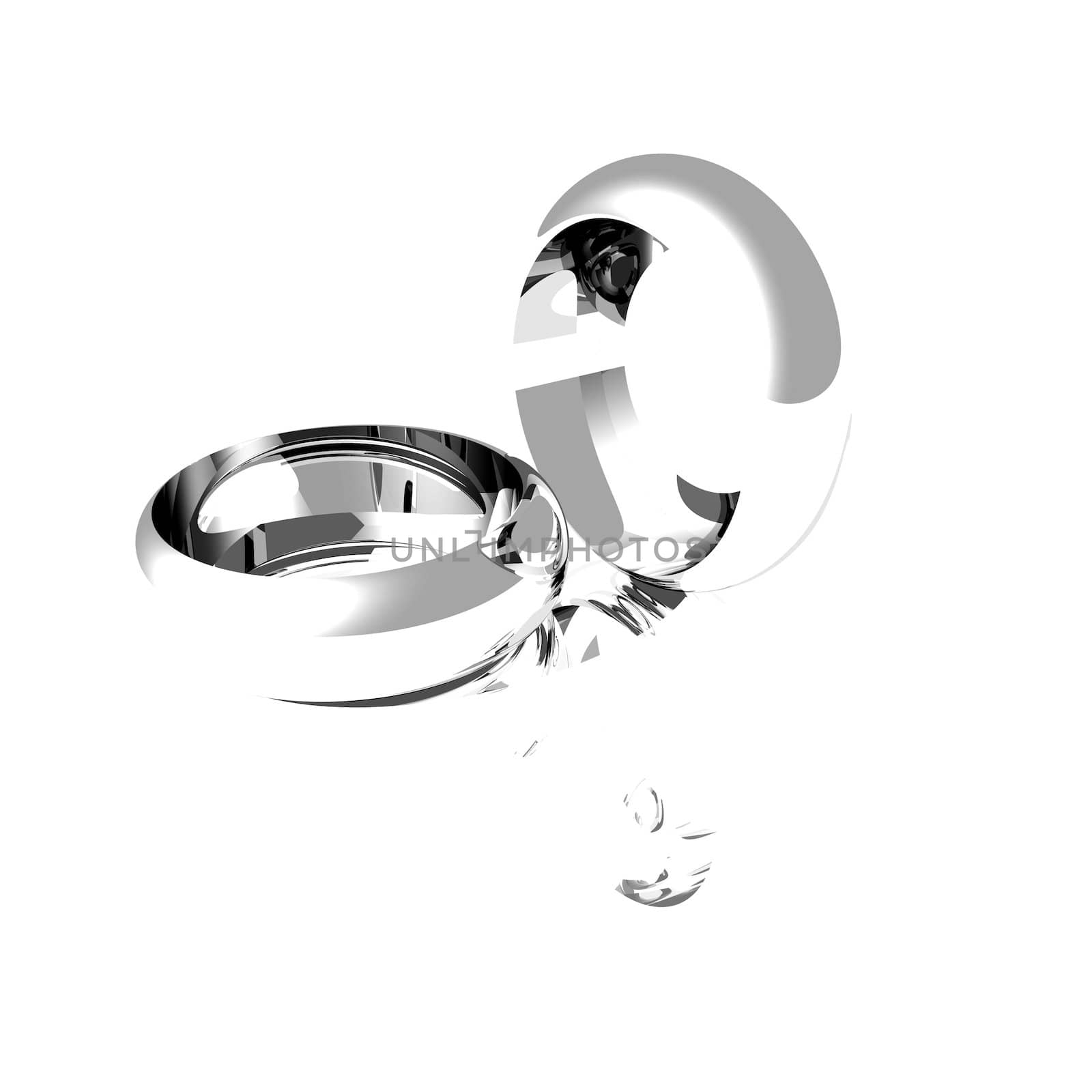 Computer model of Platinum wedding rings on a semi reflective white background.