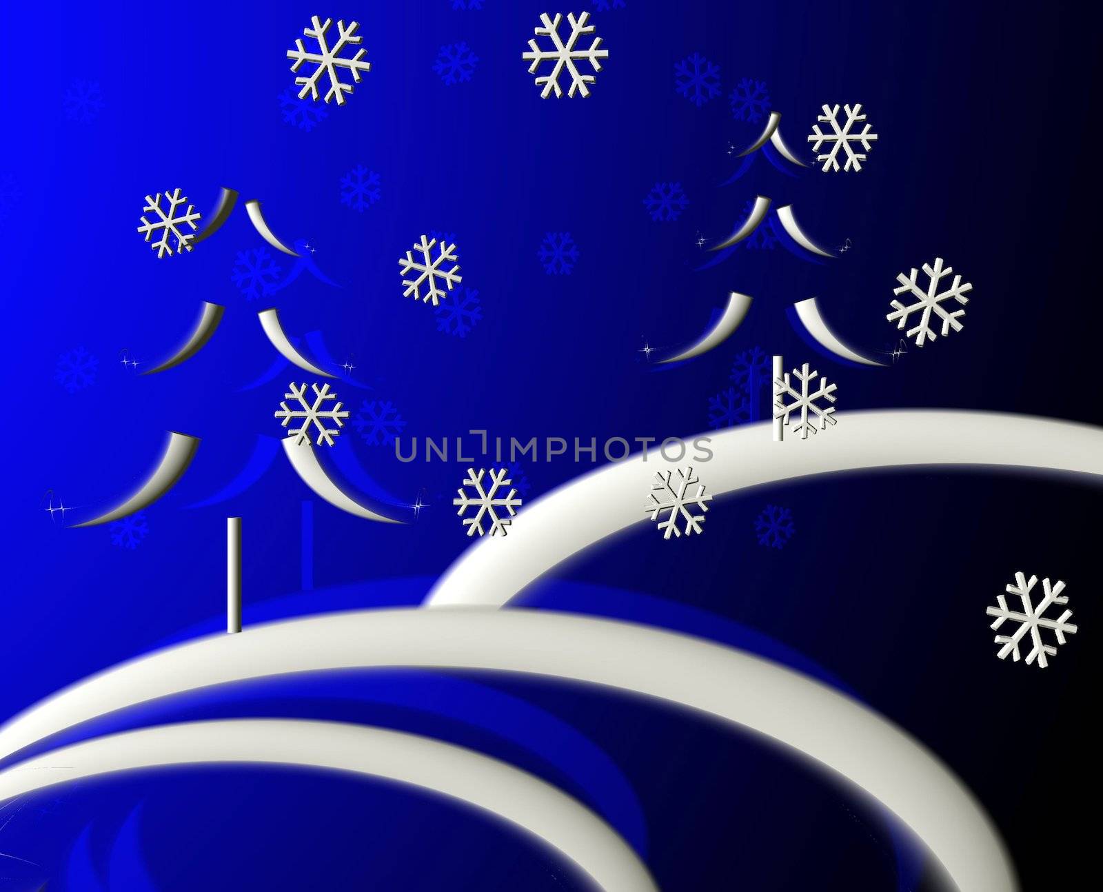An abstract computer rendering of a winter snow fall in a forest on Blue.