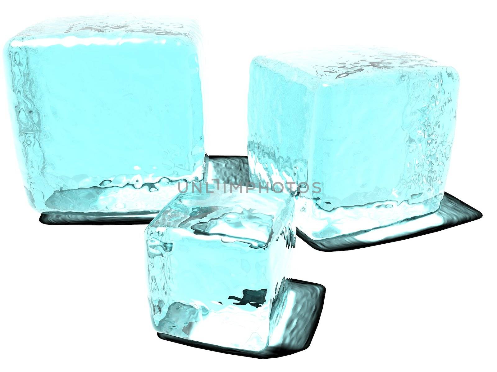 An illustration of blue ice cubes on a white surface and background with light shinny through them.