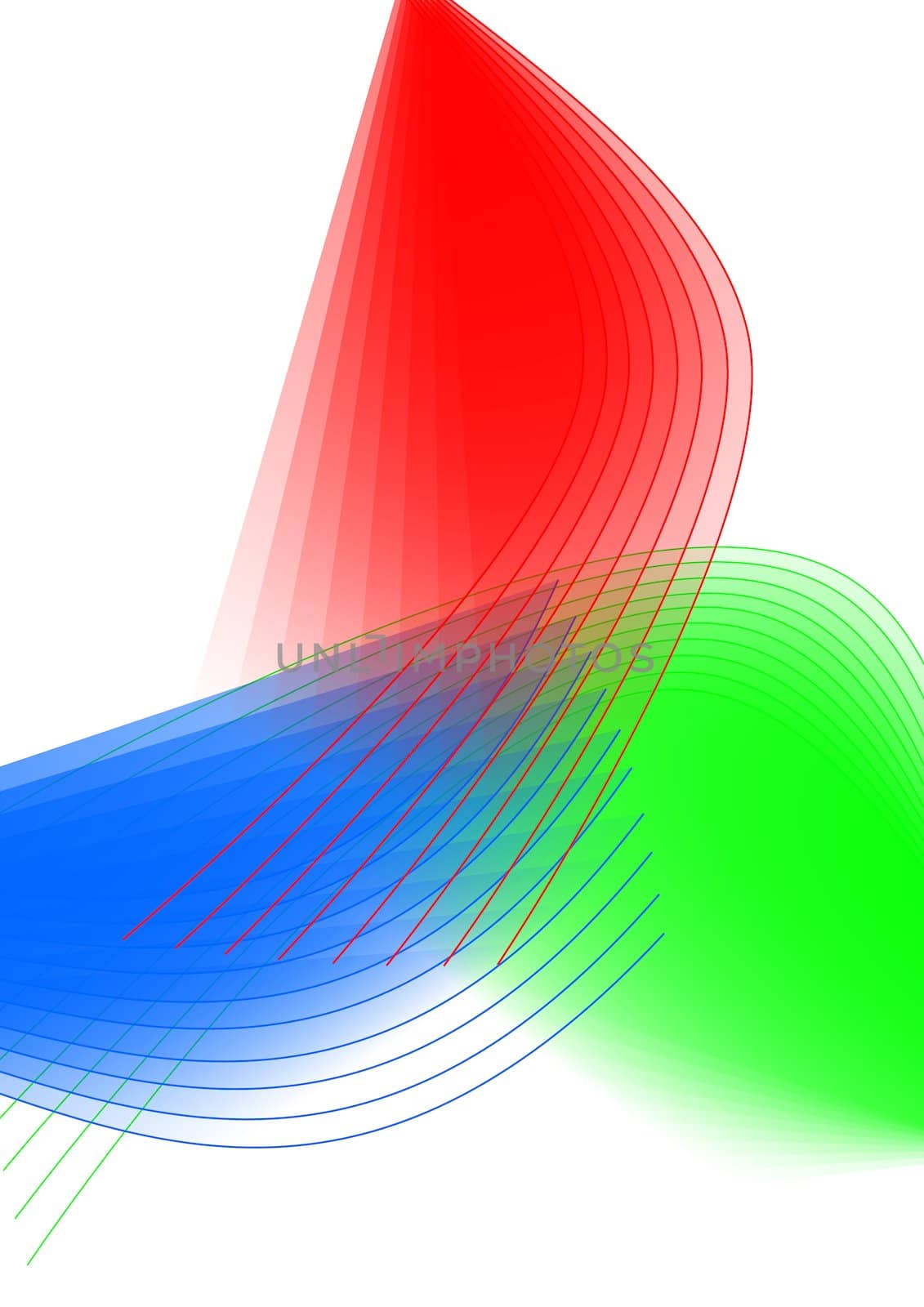 Abstract illustration of transparent red, green, and blue lines and shapes.