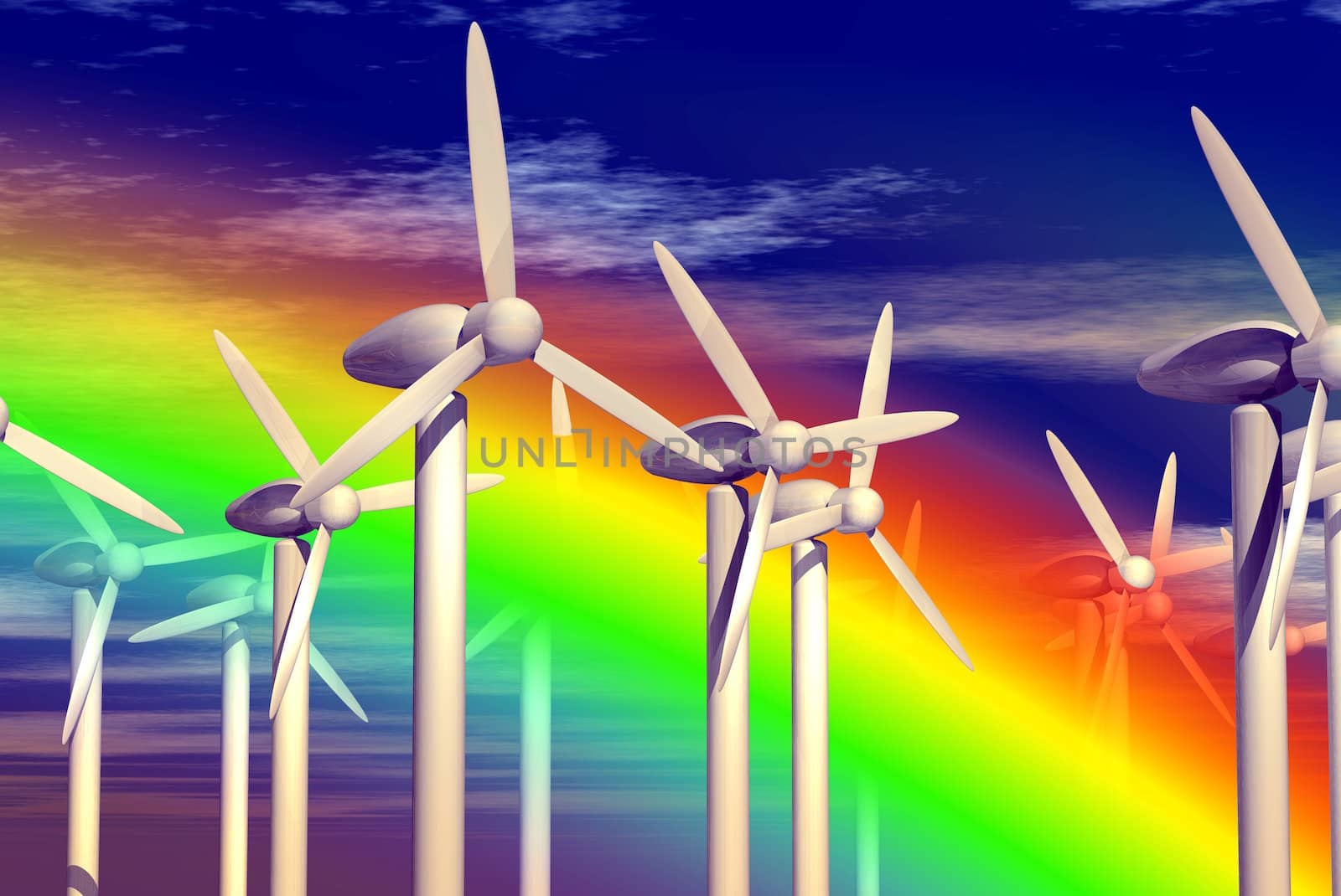 An illustration of wind mills catching the power of the wind with a rainbow.