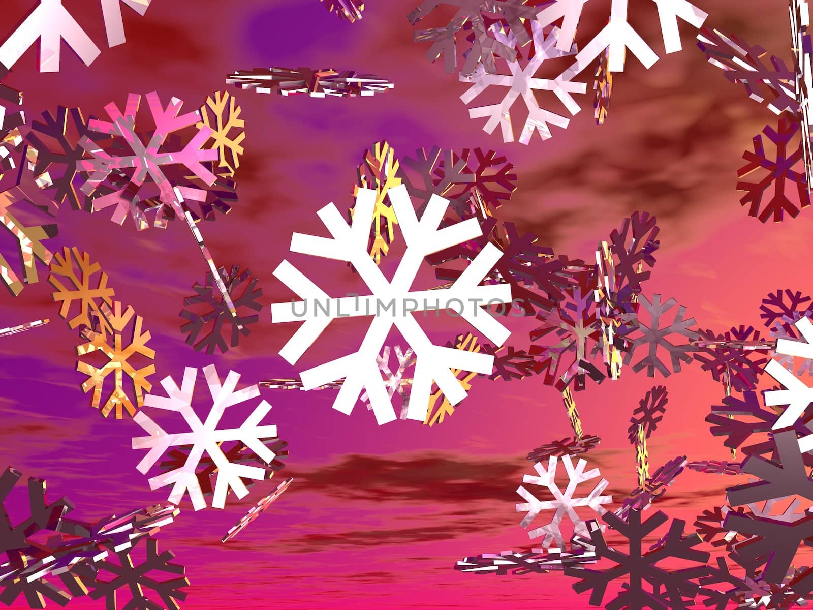 An illustration of crystal snowflakes falling on a rose colored sky with clouds.