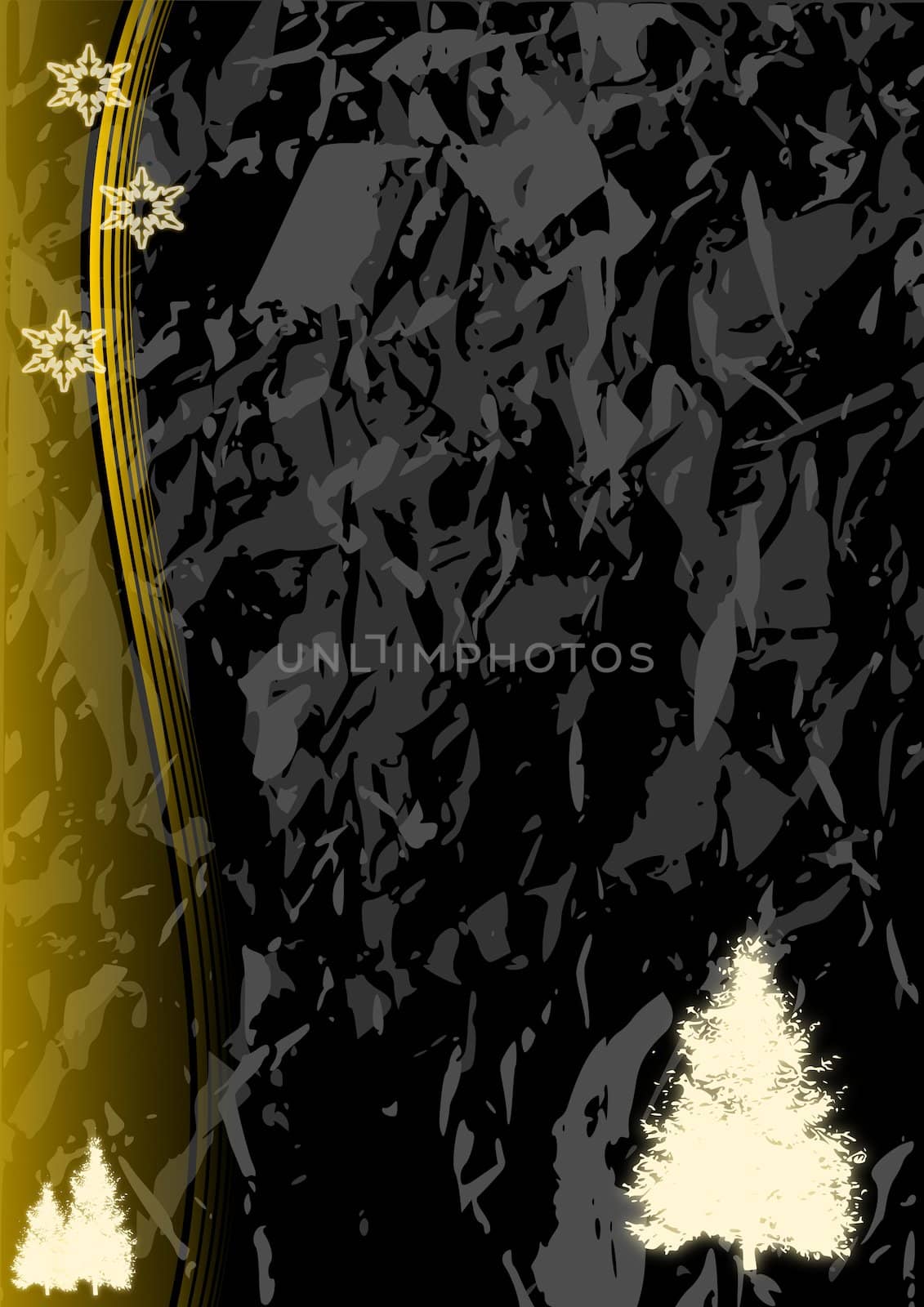 Christmas illustration of glowing yellow snowflakes and trees  on a black marble like background.