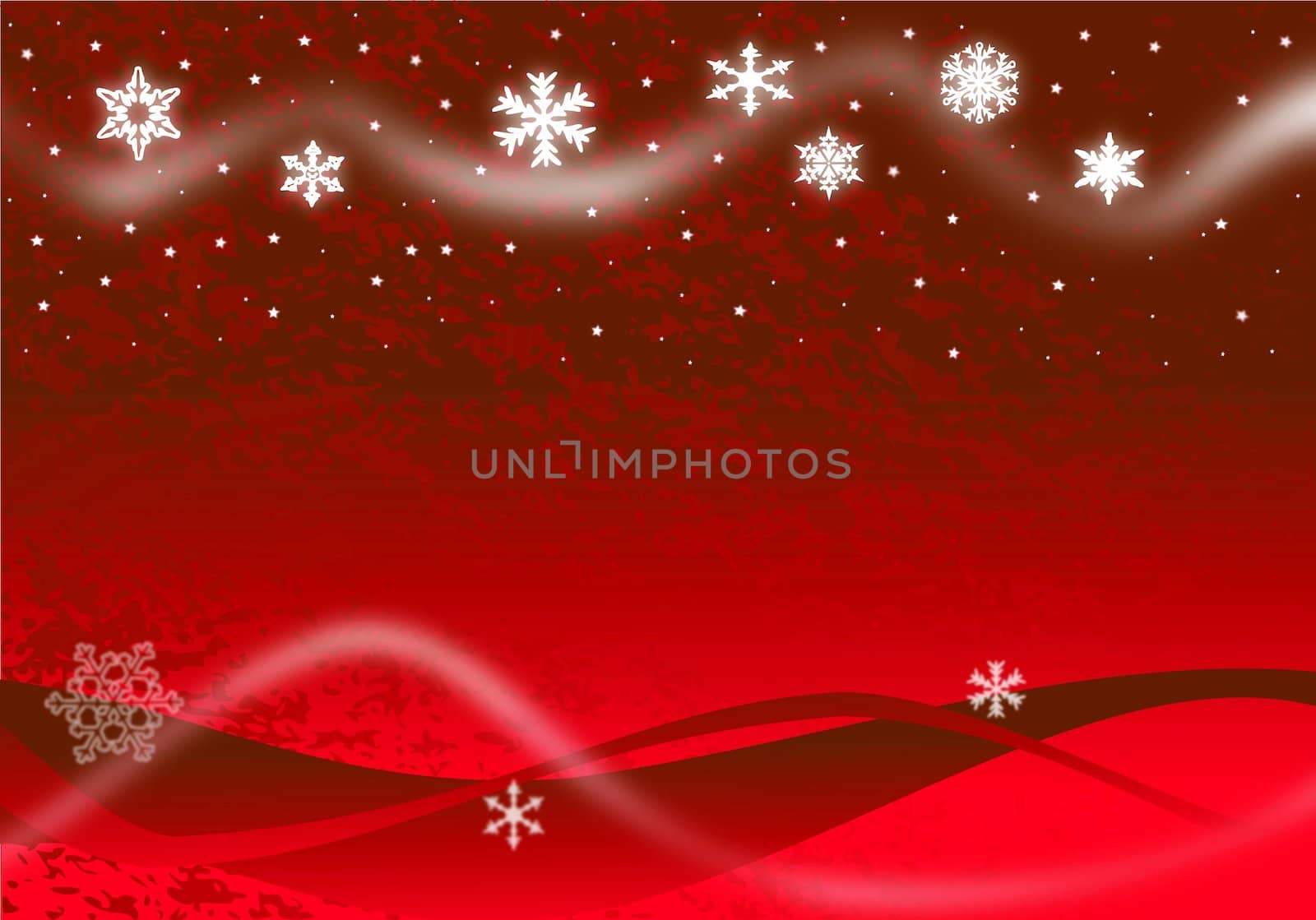 Christmas illustration of glowing snowflakes and stars with abstract snow drifts and blowing snow on red.