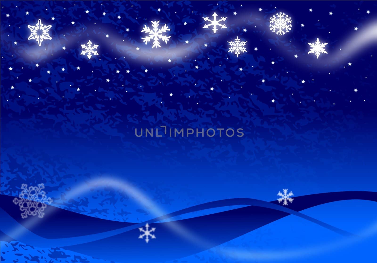 Christmas illustration of glowing snowflakes and stars with abstract snow drifts and blowing snow on blue.