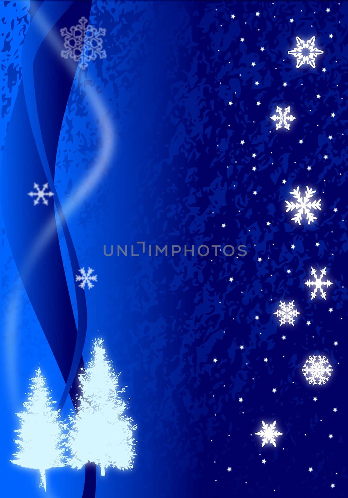 Christmas illustration of glowing blue snowflakes and trees  on a black marble like background.