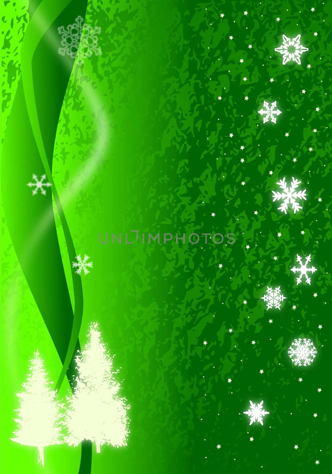 Christmas illustration of glowing snowflakes, Christmas trees, and stars with abstract snow drifts and blowing snow on green.