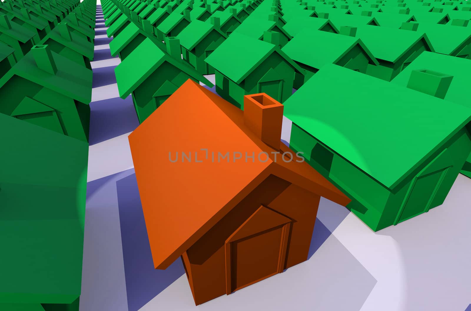 Close up concept view of a row of green houses and spot light on a orange house