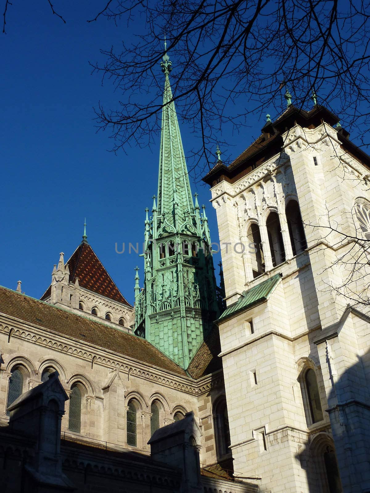 Belltower of Saint-Pierre cathedral in Geneva, Switzerland