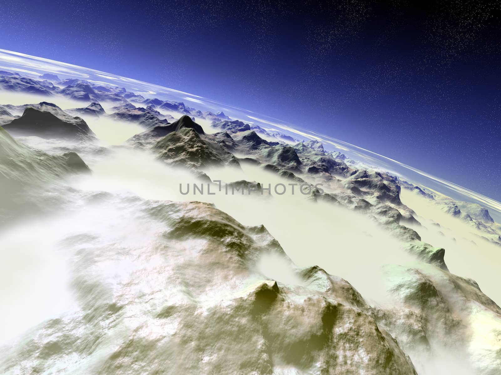 3D rendered Illustration. 7000m above the mountains.