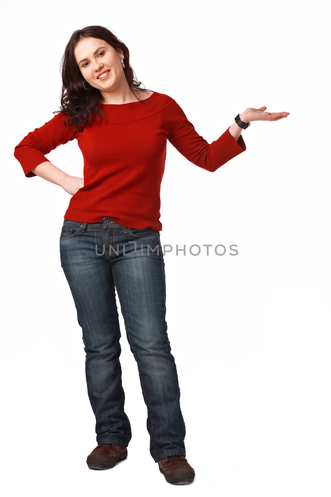  Full length image of a young female gesturing with hand isolated over white background 