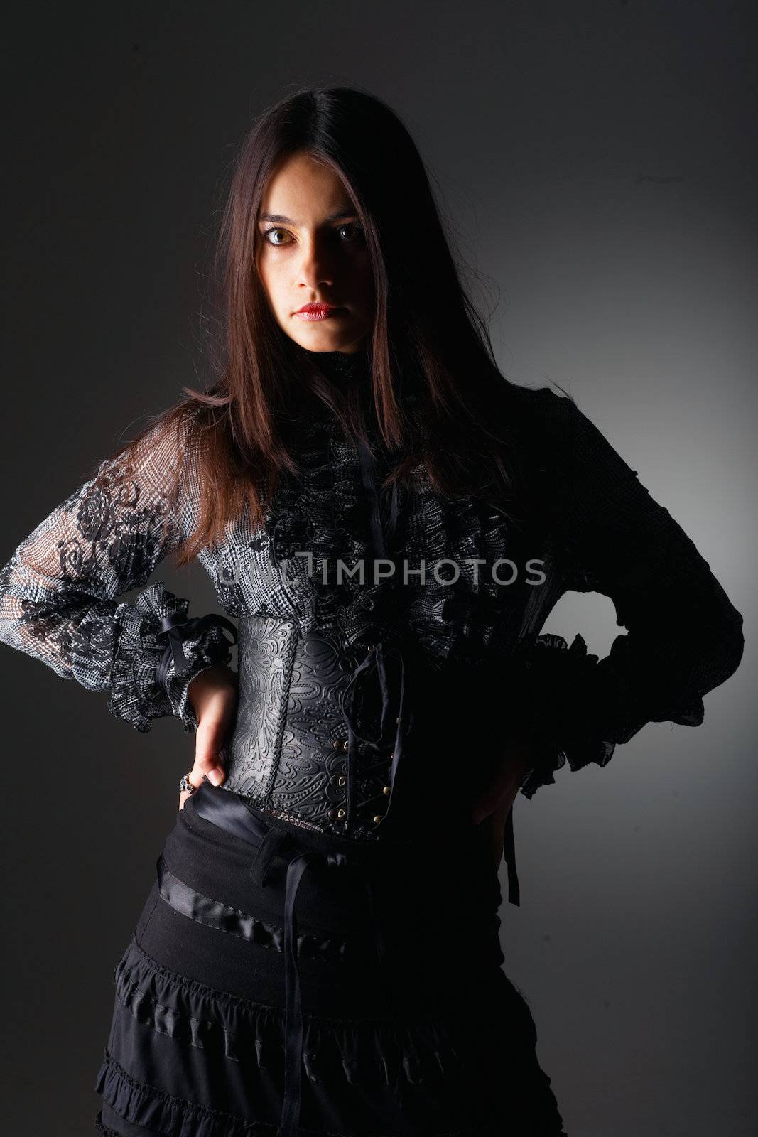 Portrait of a young woman with long hair dressed in lace corset.