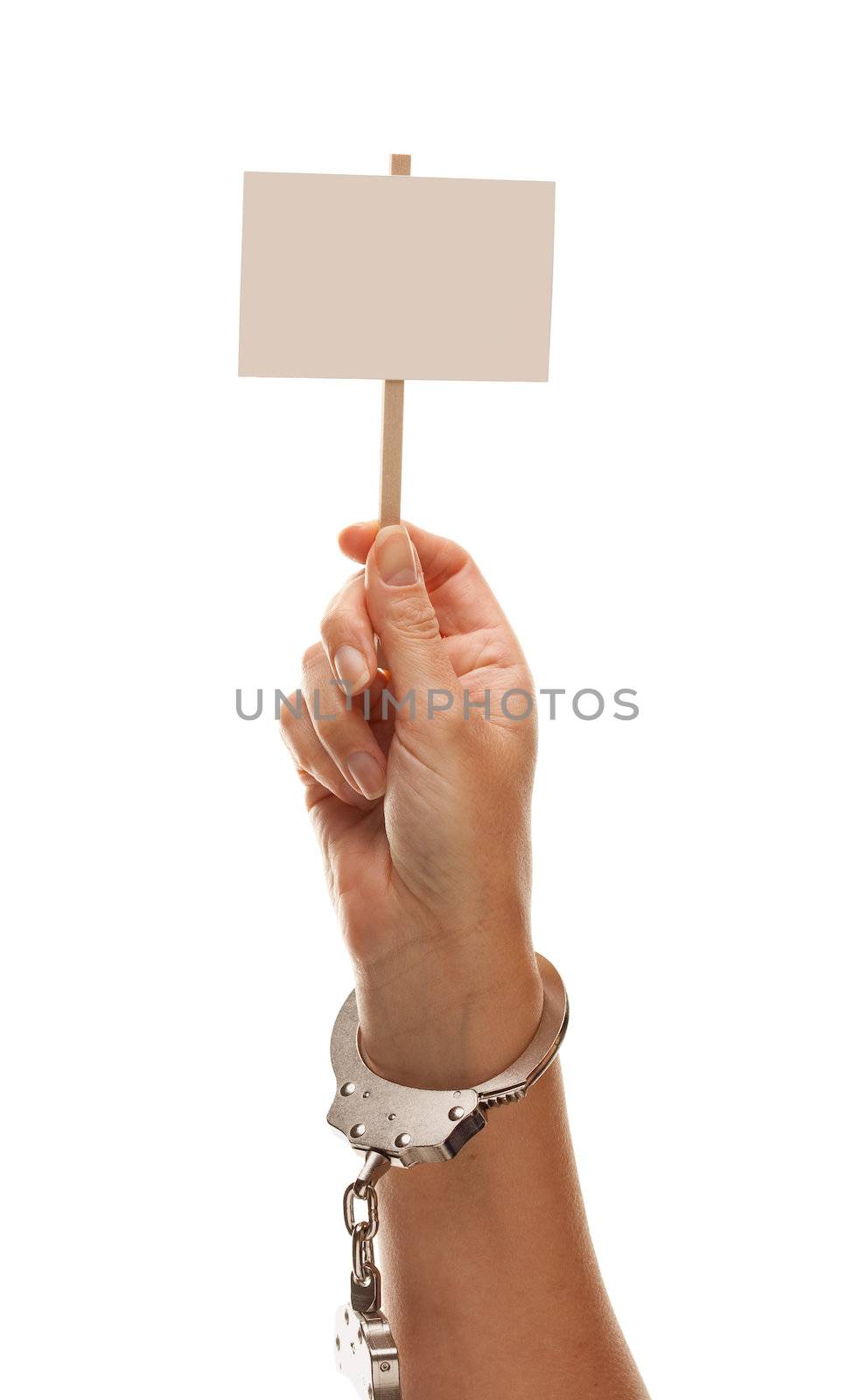 Handcuffed Woman Holding Blank White Sign Isolated on White by Feverpitched