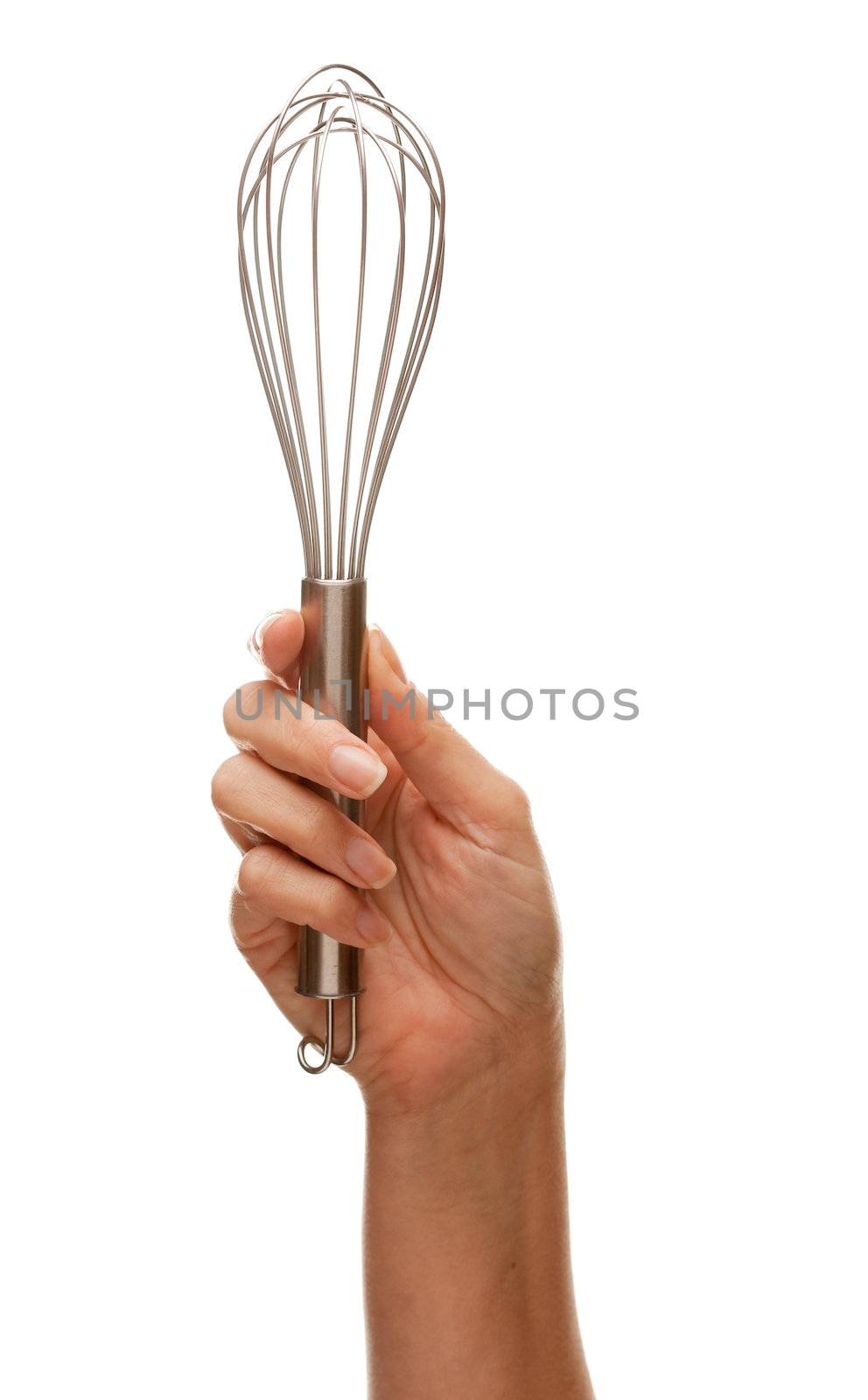 Woman Holding Egg Beater in the Air Isolated on White by Feverpitched