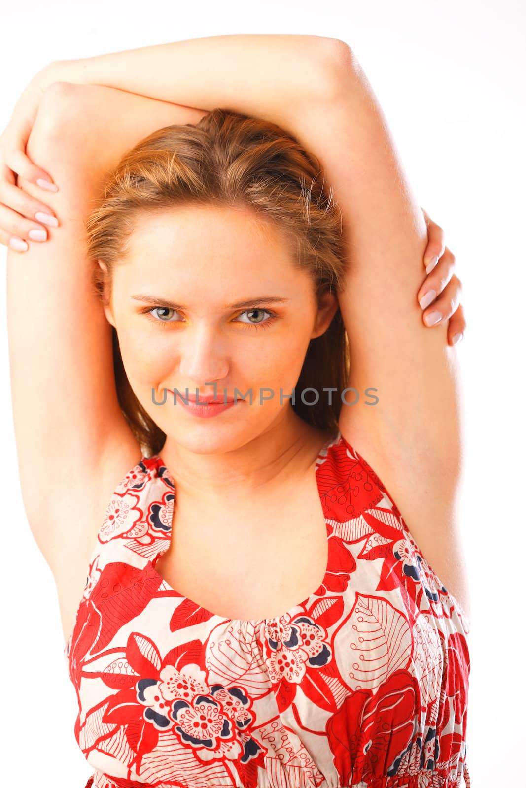 Beautiful young woman in summer dress on white by romanshyshak