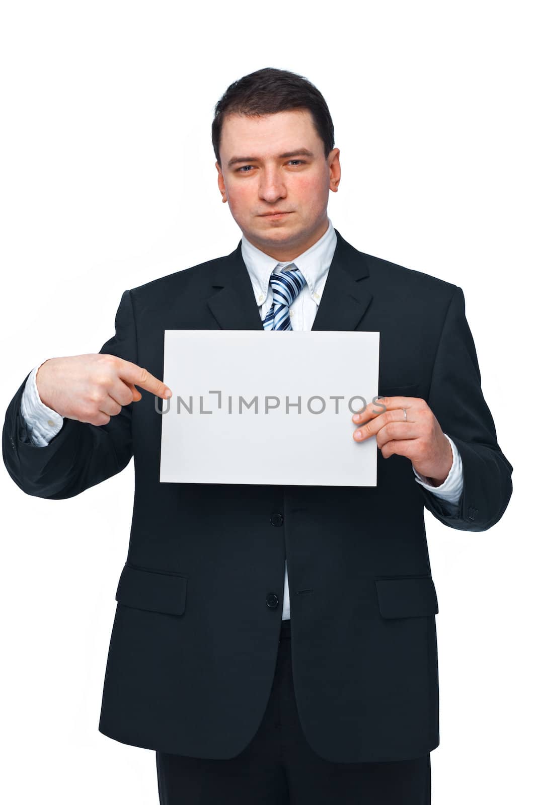 Businessman Holding and Pointing at an Empty Billboard by romanshyshak