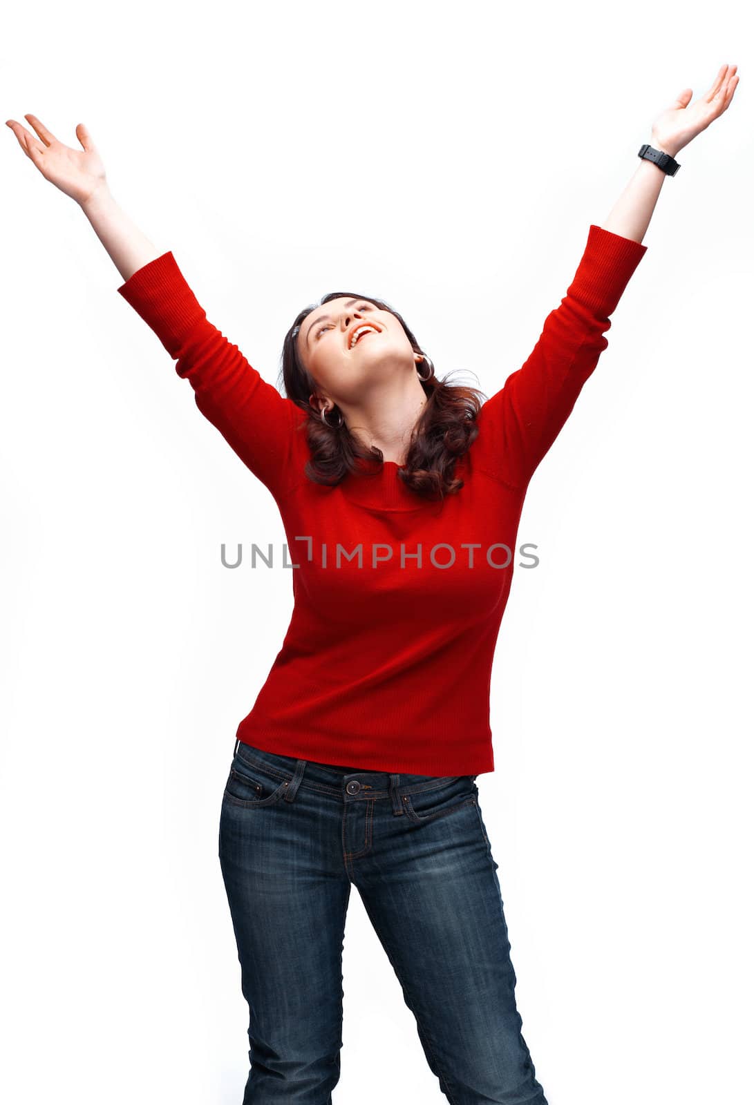 Portrait of a young beautiful girl with her hands raised isolated on white background.