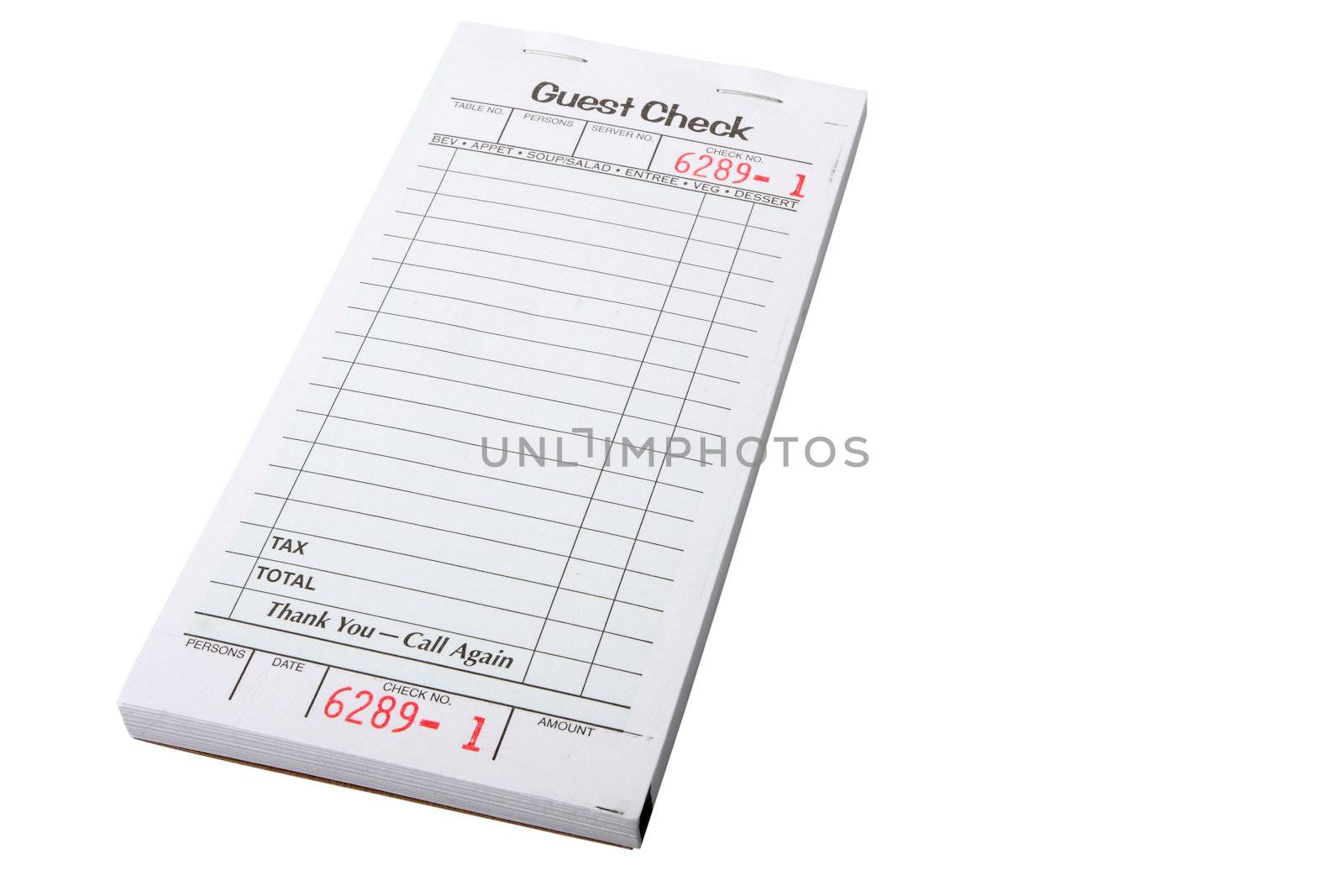 blank restaurant invoice isolated on white, put your own text on it