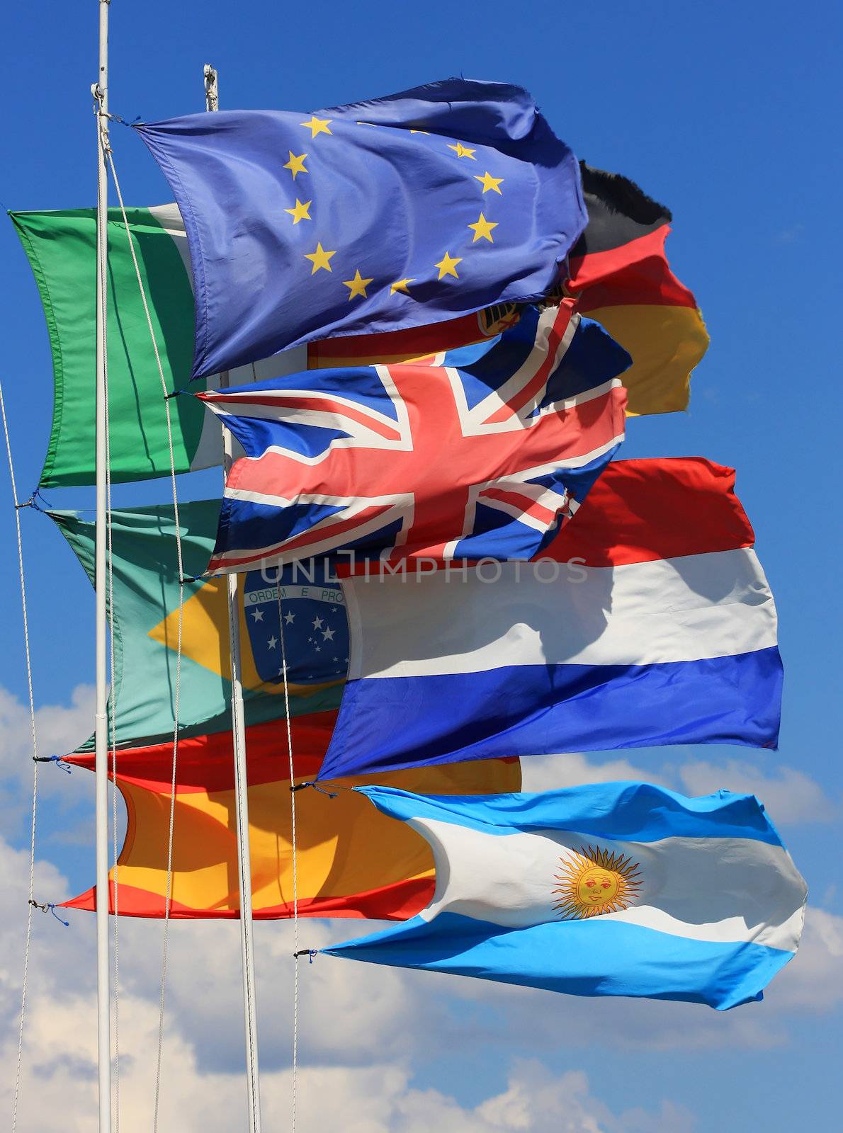 The national flags of France, UK, italy, Spain and Germany along with the European Union flag as well as the Brazilian and Argentinian all flying together.