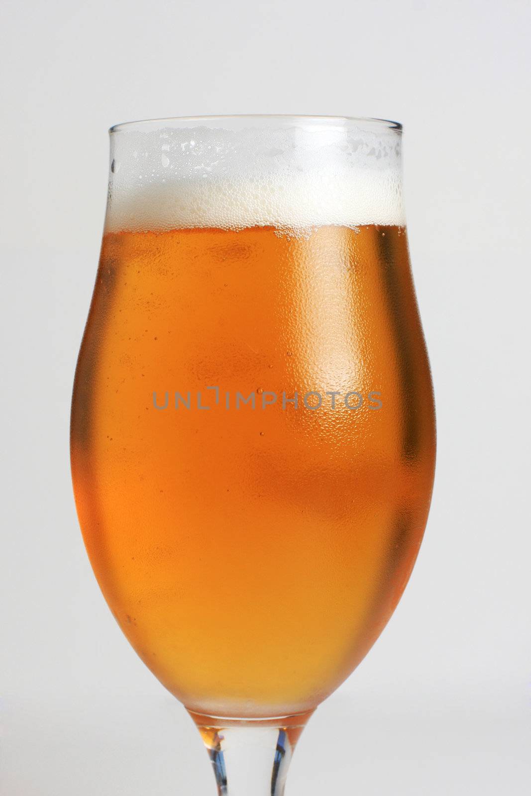 A glass of icecold beer, with condensing water on the glass.