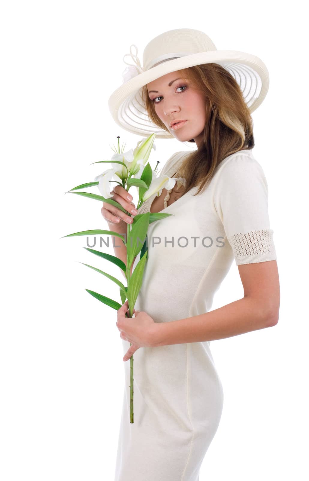 Isolated young pretty woman in a white hat