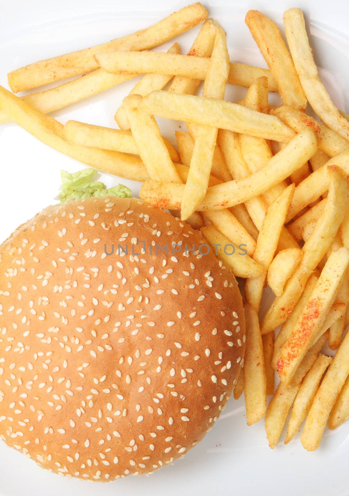 Hamburger and fries isolated on white,  very tasty looking