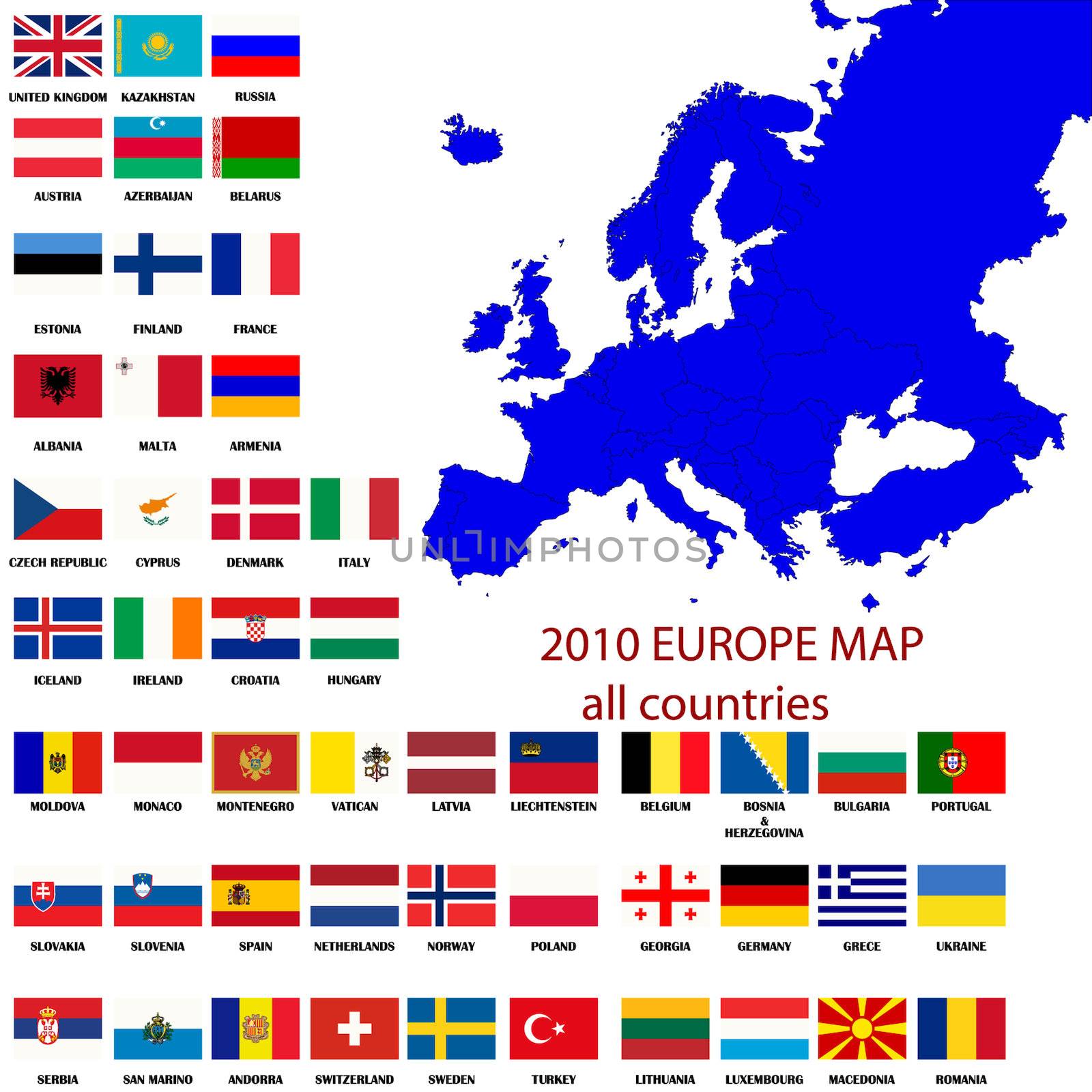 Editable map of Europe- all countries with borders and oficial flags in original colors