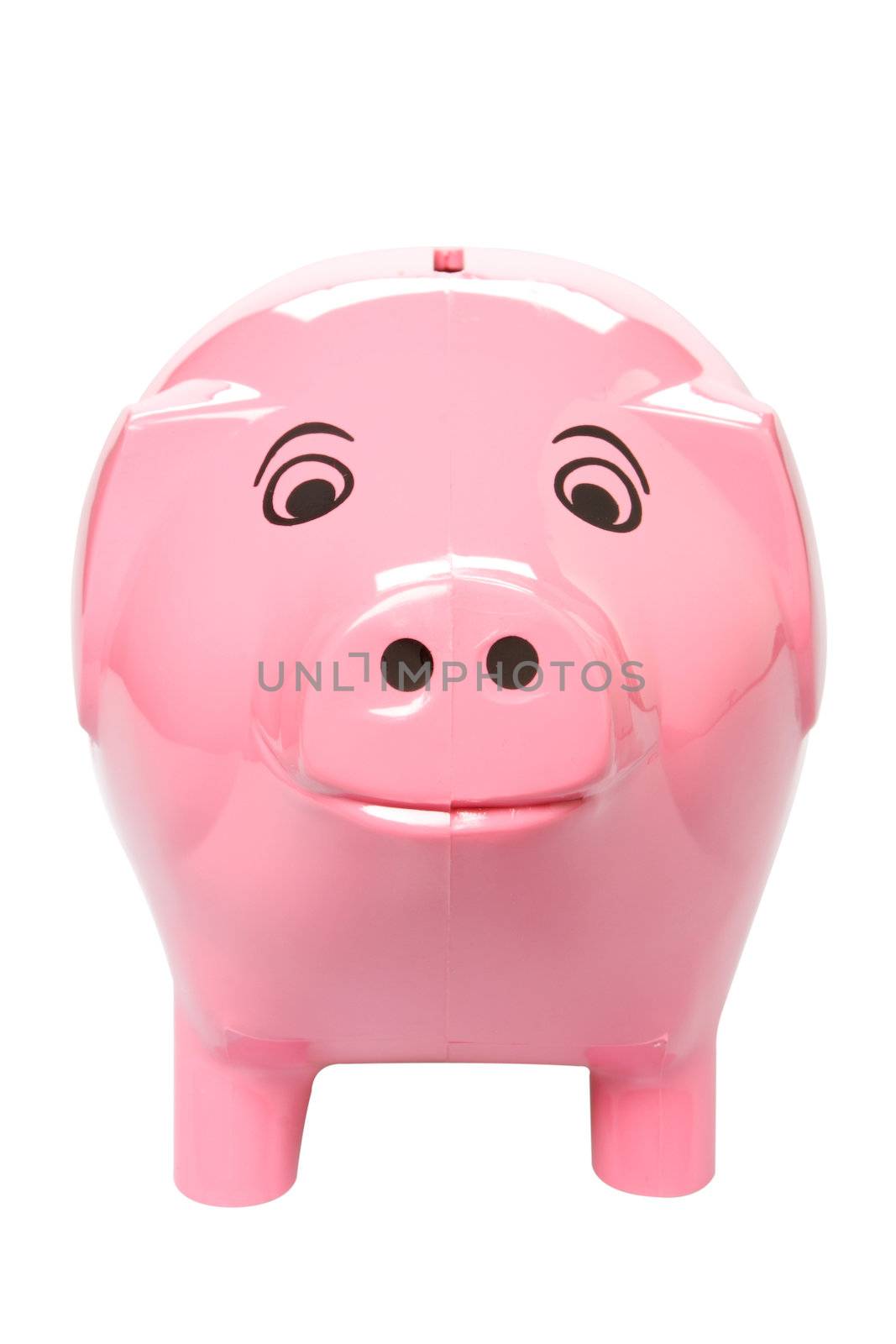 A pink piggy bank isolated on white, shot from the front, clipping path included