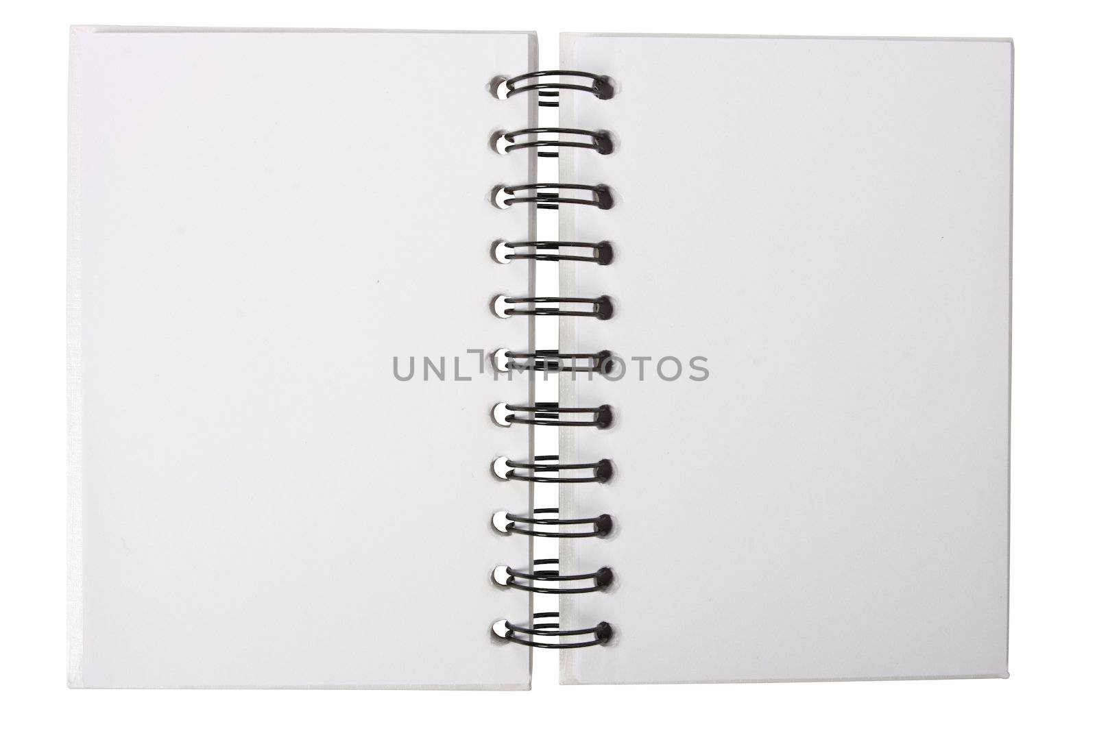 White notebook with black ring binders, isolated on white, open in the middle