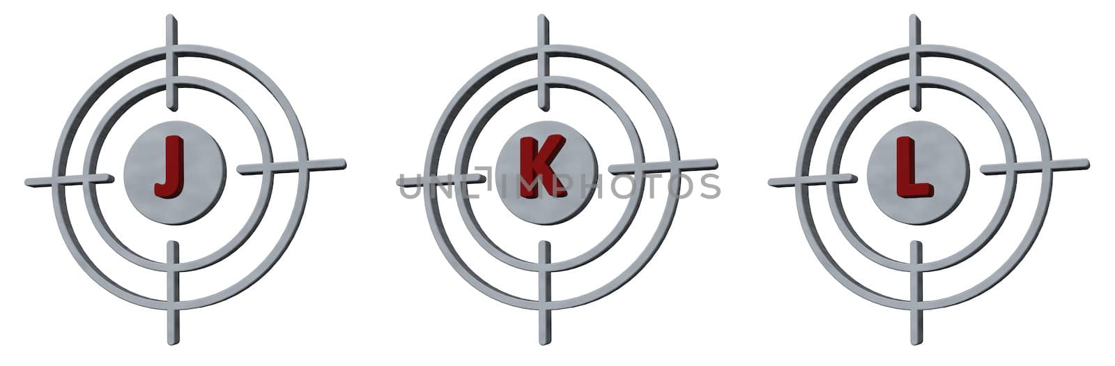 gun sights with the letters jkl on white background - 3d illustration