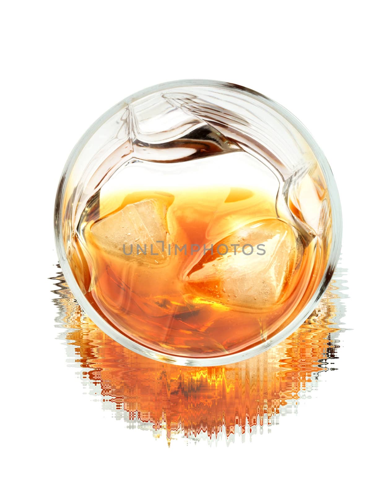 Glass of whiskey with ice cubes isolated on white background with clipping path
